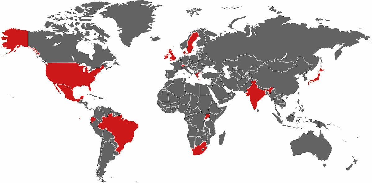 A world map with red marks on the country associated with the Non-Violence Project.