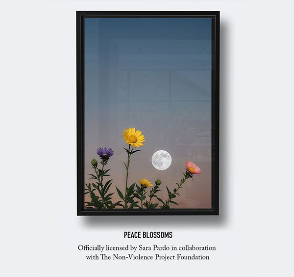 Andy okay's Please Blooms art licensed by Sara Pardo in collaboration with The Non-Violence Project Foundation.