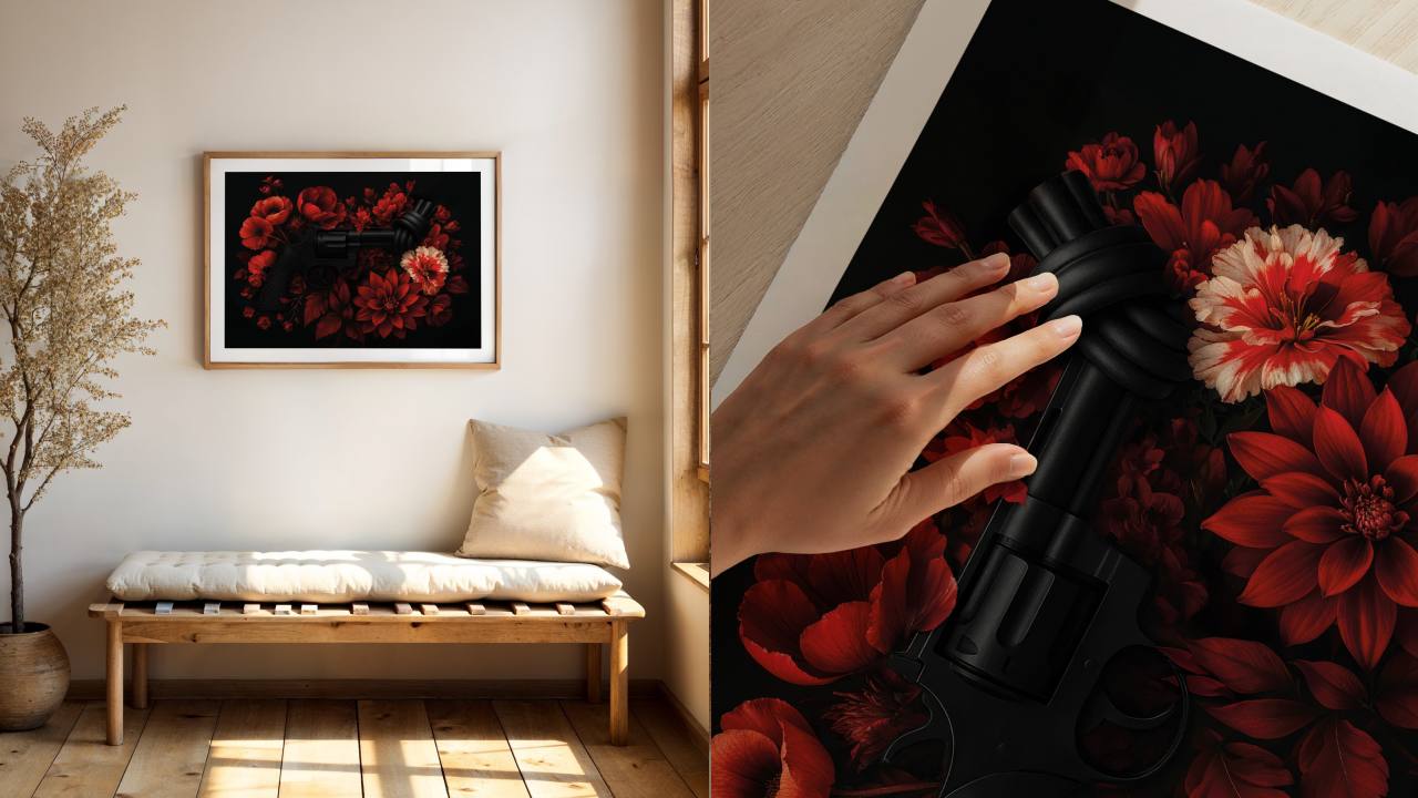 Non-Violence art print of The Knotted Gun surrounded by red flowers hanged on well-lit room.